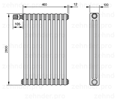Схема (чертеж) Радиатор Zehnder Charleston 3280/10 №V011 Белый глянцевый RAL 9016